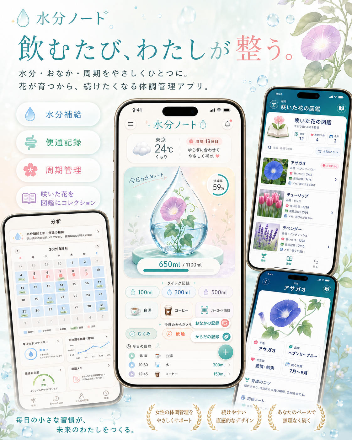 水分ノート — 飲むたび、わたしが整う。水分・おなか・周期をやさしくひとつに。