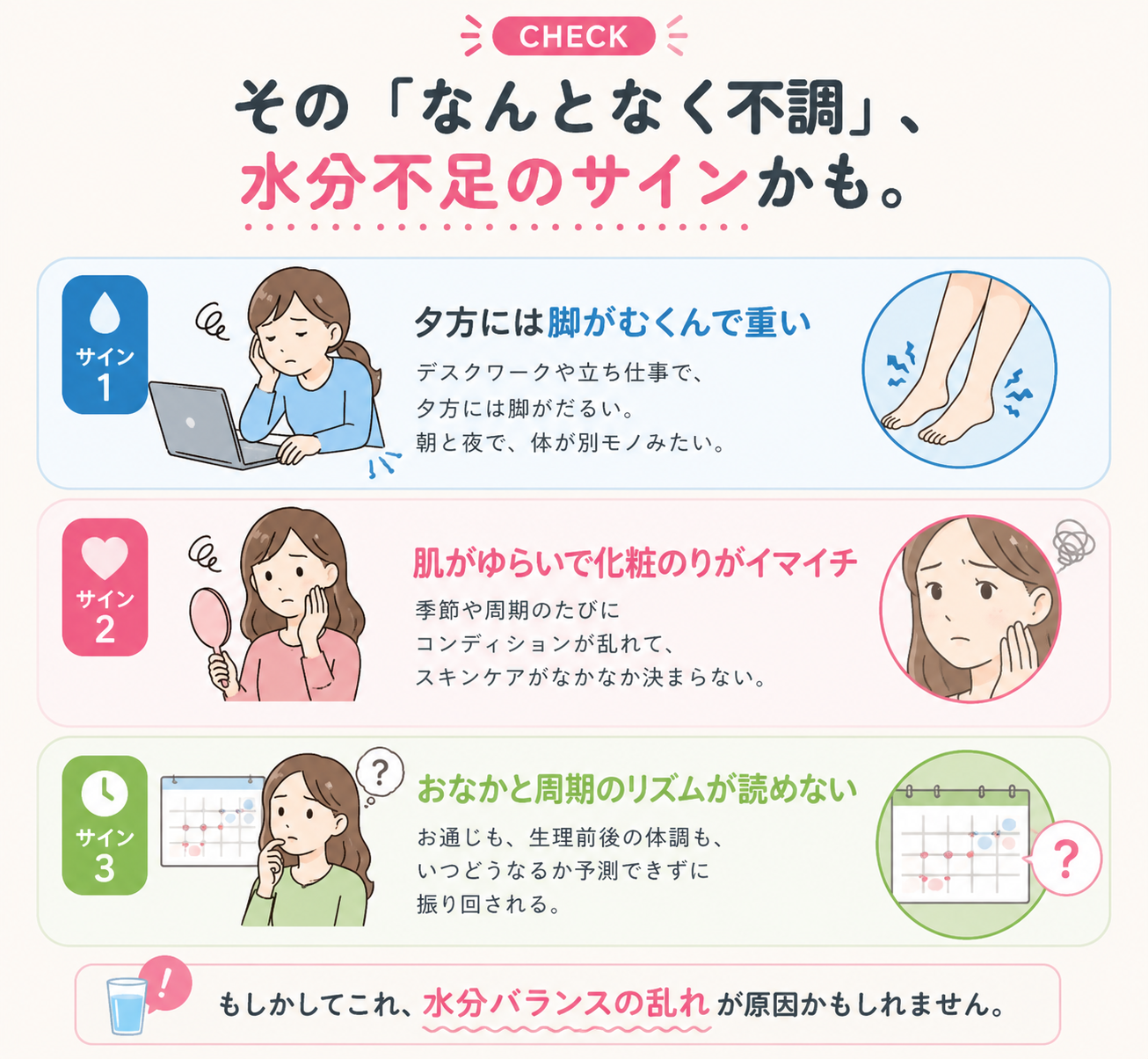 そのなんとなく不調、水分不足のサインかも。脚のむくみ、肌のゆらぎ、おなかと周期のリズムについて紹介。