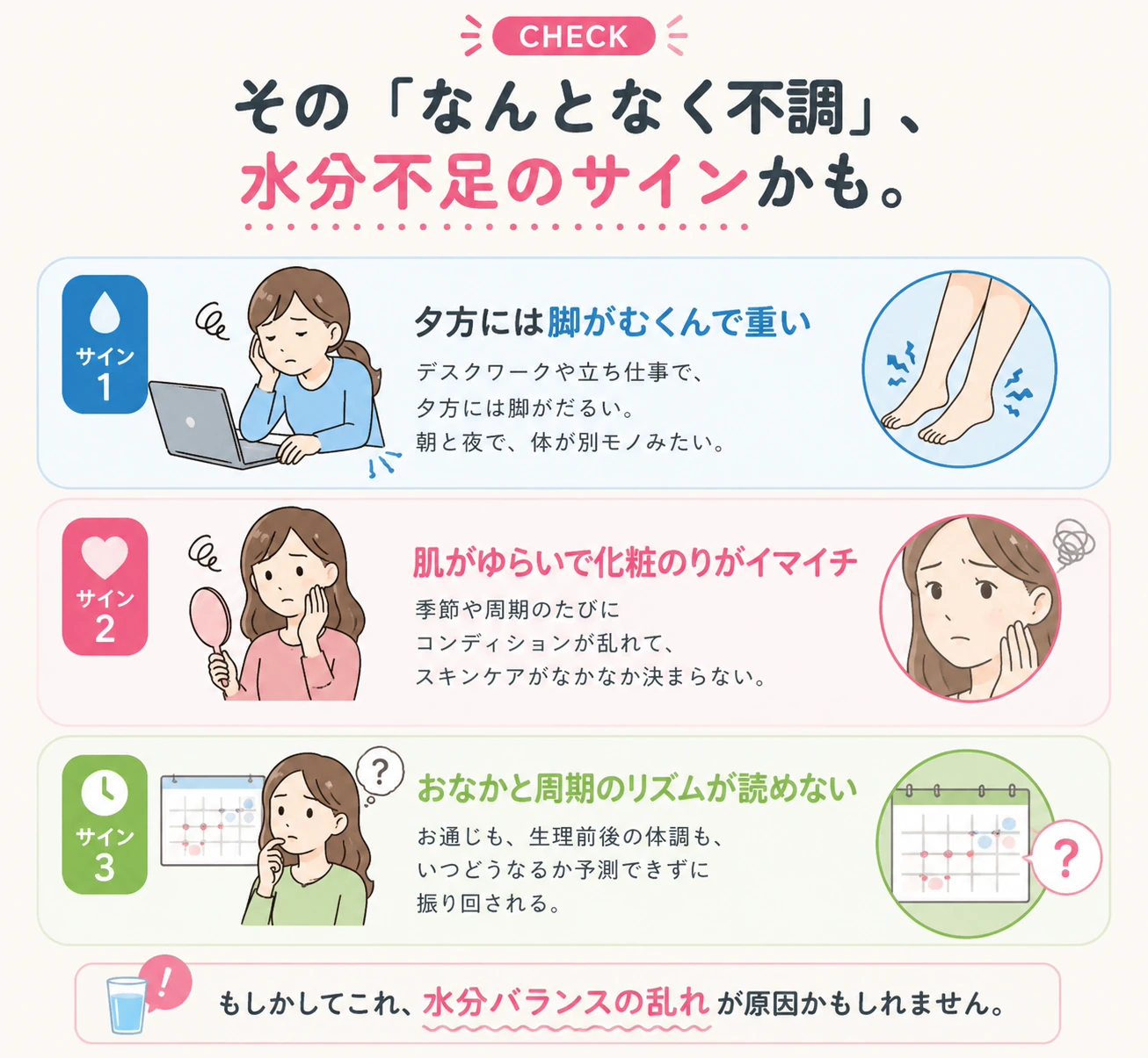 そのなんとなく不調、水分不足のサインかも。脚のむくみ、肌のゆらぎ、おなかと周期のリズムについて紹介。